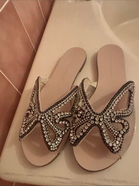 Sophia Webster Pink Slide Sandals with Crystal Butterfly Appliqués